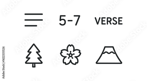 simple outline stroke icon items haiku ( simple outline stroke icon itemsucture): three lines five syllables seven syllables verse layout nature theme minimal words monoline icons style