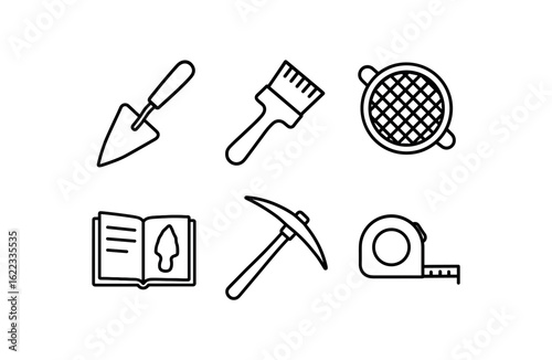 simple outline stroke icon items archaeological dig (tools): trowel brush sieve notebook pickaxe measuring tape monoline icons style isolated on white background