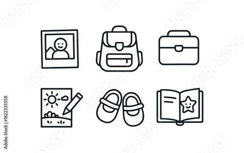 simple outline stroke icon items childhood memory (objects): old photo schoolbag lunchbox crayon drawing baby shoes storybook monoline icons style isolated on white background