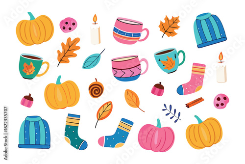 Cozy Autumnal Delight: A collection of whimsical illustrations celebrates the essence of autumn, featuring pumpkins, mugs, leaves, sweaters, socks, and candles.