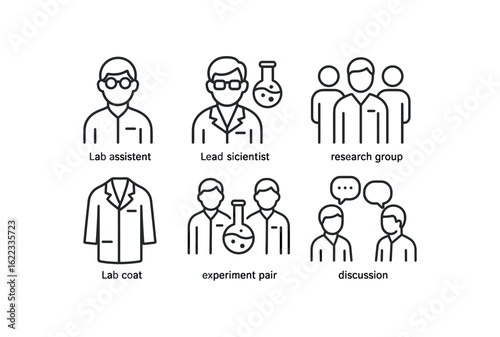 simple outline stroke icon items medical researcher (team): lab assistant lead scientist research group lab coat experiment pair discussion monoline icons style isolated on white background