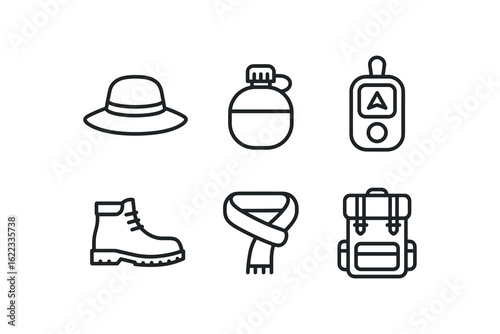 simple outline stroke icon items desert expedition (gear): sun hat water flask GPS device desert scarf survival pack monoline icons style isolated on white background