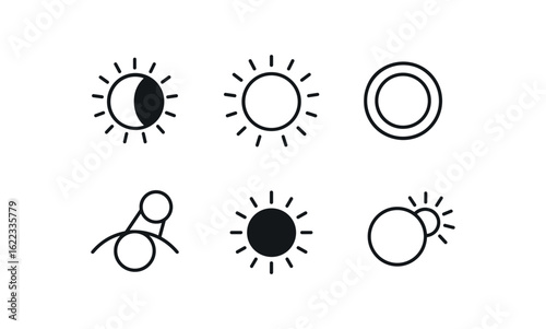 simple outline stroke icon items solar eclipse (phases): partial eclipse eclipse annular eclipse shadow path diamond ring monoline icons style isolated on white background
