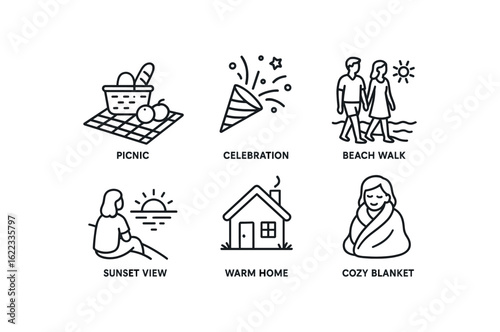 simple outline stroke icon items happiness (scenes): picnic celebration beach walk sunset view warm home cozy blanket monoline icons style isolated on white background