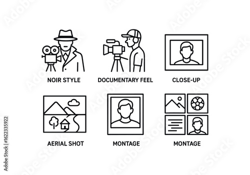 simple outline stroke icon items film director (styles): noir style documentary feel cinematic wide close up aerial shot montage monoline icons style isolated on white background
