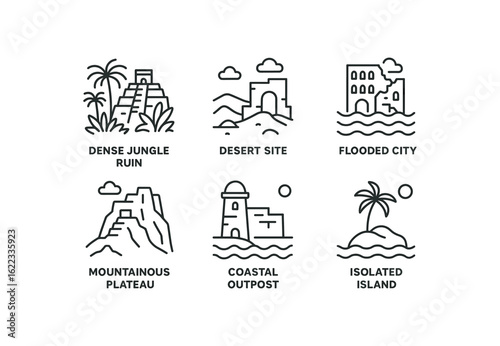 simple outline stroke icon items lost civilization (environment): dense jungle ruin desert site flooded city mountainous plateau coastal outpost isolated island monoline icons style