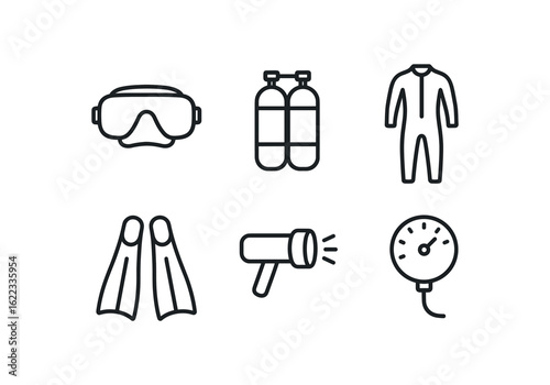 simple outline stroke icon items deep sea diver (gear): scuba mask oxygen tank wetsuit flippers dive light pressure gauge monoline icons style isolated on white background