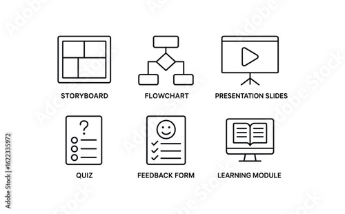 simple outline stroke icon items simple outline stroke icon itemsuctional design (tools): storyboard flowchart presentation slides quiz icon feedback form learning module monoline icons