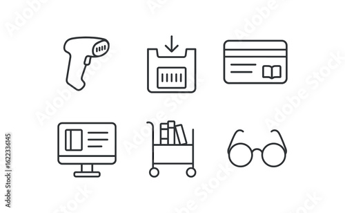 simple outline stroke icon items public librarian (tools): barcode scanner return bin library card catalog screen book cart reading glasses monoline icons style isolated on white background