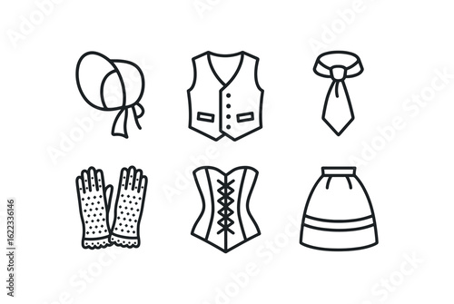 simple outline stroke icon items period drama set (costumes): bonnet waistcoat cravat corset lace gloves petticoat monoline icons style isolated on white background