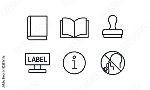simple outline stroke icon items public librarian (symbols): book icon open book library stamp shelf label info circle quiet sign monoline icons style isolated on white background