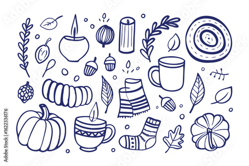 Cozy Autumn Icons: A delightful collection of hand-drawn fall-themed icons. Featuring pumpkin, autumn leaf, candle, cup, scarf, and seasonal items, the images creates a feeling of warmth.