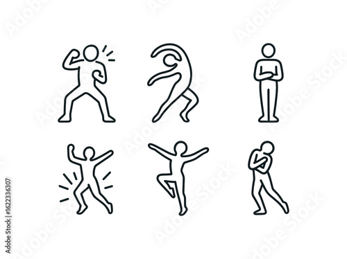 simple outline stroke icon items modern dance performance (expressions): intensity fluid motion stillness burst control emotion monoline icons style isolated on white background