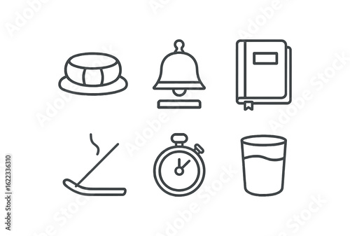 simple outline stroke icon items meditation retreat (tools): cushion bell journal incense timer water cup monoline icons style isolated on white background