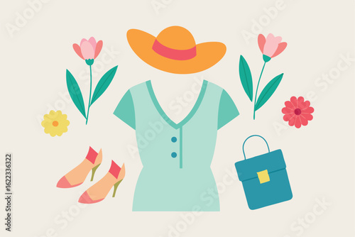 spring outfit flat lay with flowers and accessorie.eps