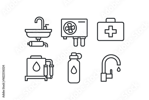 simple outline stroke icon items water purification system (settings): kitchen sink outdoor unit emergency kit indu simple outline stroke icon itemsial system travel bottle faucet monoline