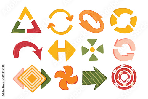 Symbolic Arrow Design: A collection of various arrow designs, showcasing a vibrant array of geometric forms and color palettes, offering diverse symbolic representation. 