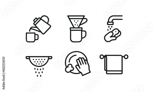 simple outline stroke icon items coffee simple outline stroke icon itemsainer (actions): pouring filtering rinsing draining cleaning drying monoline icons style isolated on white background