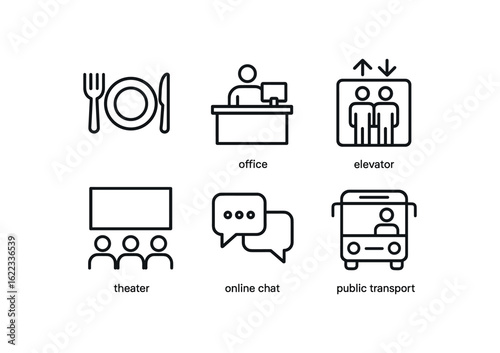 simple outline stroke icon items social etiquette (settings): dinner table office elevator theater online chat public transport monoline icons style isolated on white background