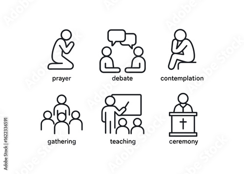 simple outline stroke icon items belief system (scenes): prayer debate contemplation gathering teaching ceremony monoline icons style isolated on white background