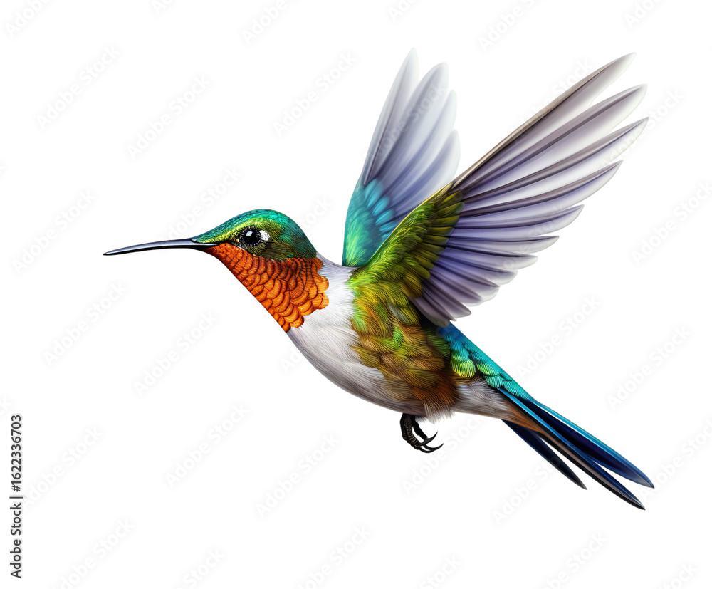 Fototapeta premium Striking rufous hummingbird illustration, wings spread, demonstrating vibrant colorful plumage, artistic rendering, isolated on transparent background.