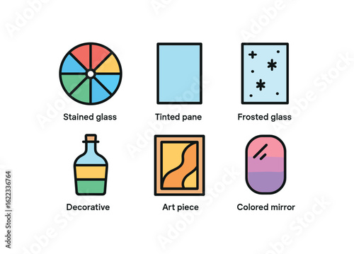 simple outline stroke icon items colored glass (types): stained glass tinted pane frosted glass decorative bottle art piece colored mirror monoline icons style isolated on white background