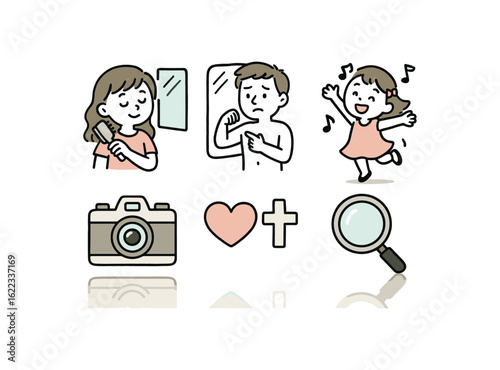 hand drawn cute doodle style line isolated on white background mirror reflection (uses): grooming self check dance photography symbolism observation