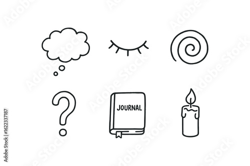 hand drawn cute doodle style line isolated on white background introspection (symbols): thought bubble closed eye spiral line question mark journal candle