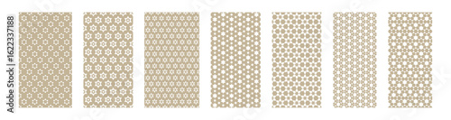 Set of Seamless Geometric patterns inspired by traditional and cultural motifs. The patterns incorporate stylized six-pointed Jewish stars (Stars of David), abstract floral shapes