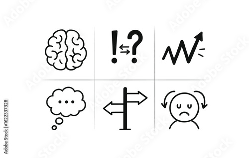 hand drawn cute doodle style line isolated on white background cognitive dissonance filter (symbols): split brain contradiction icon tension wave thought bubble choice fork internal conflict