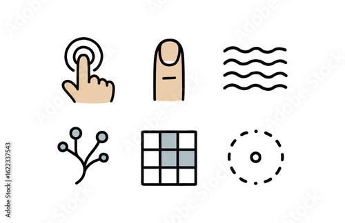 hand drawn cute doodle style line isolated on white background tactile sensitivity (symbols): touch icon finger tip texture line nerve path surface grid sensitivity ring