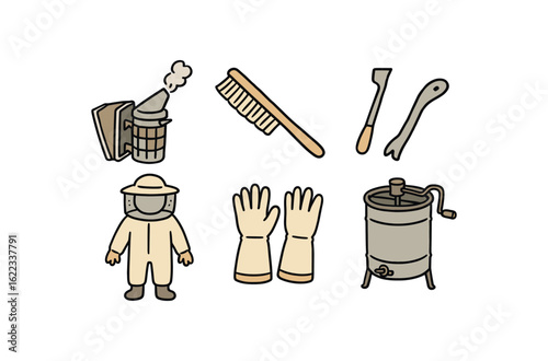 hand drawn cute doodle style line isolated on white background beekeeper (tools): hive smoker bee brush hive tool beekeeping suit gloves honey extractor