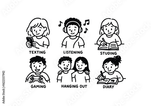 hand drawn cute doodle style line isolated on white background adolescence (activities): texting music listening studying gaming hanging diary writing