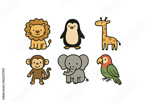 hand drawn cute doodle style line isolated on white background zookeeper (animals): lion giraffe monkey elephant parrot