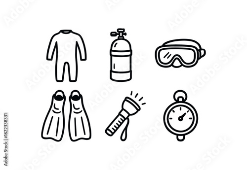 hand drawn cute doodle style line isolated on white background shipwreck diver (gear): wetsuit scuba tank dive mask flippers underwater torch pressure gauge