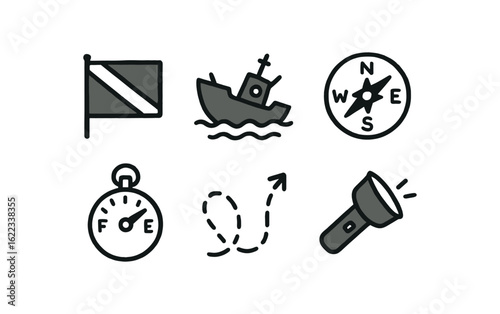 hand drawn cute doodle style line isolated on white background shipwreck diver (symbols): dive flag wreck icon compass oxygen level dive path underwater light