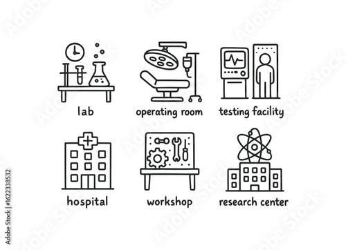 hand drawn cute doodle style line isolated on white background biomedical engineer (environments): lab operating room testing facility hospital workshop research center