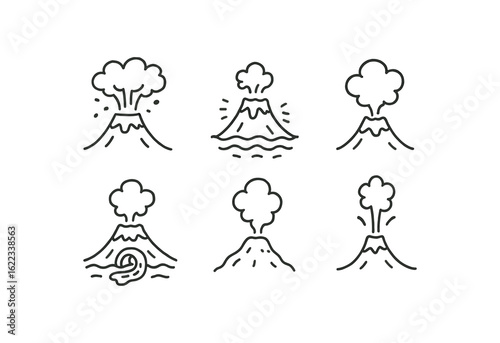 hand drawn cute doodle style line isolated on white background volcanic island (phenomena): eruption tremor gas emission lava tube fumarole geyser