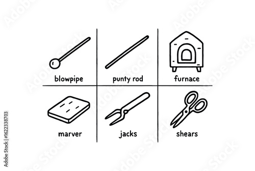 hand drawn cute doodle style line isolated on white background glassblow (tools): blowpipe punty furnace marver jacks shears