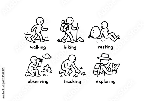 hand drawn cute doodle style line isolated on white background wilderness path (activities): walking hiking resting observing tracking exploring