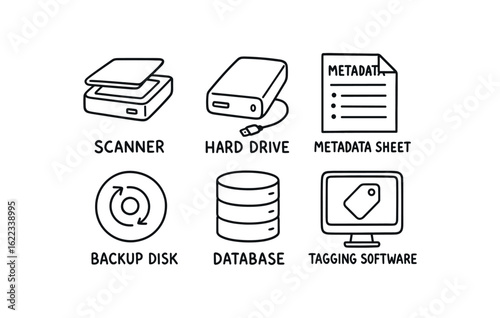 hand drawn cute doodle style line isolated on white background digital archivist (tools): scanner hard drive metadata sheet backup disk database tagging software