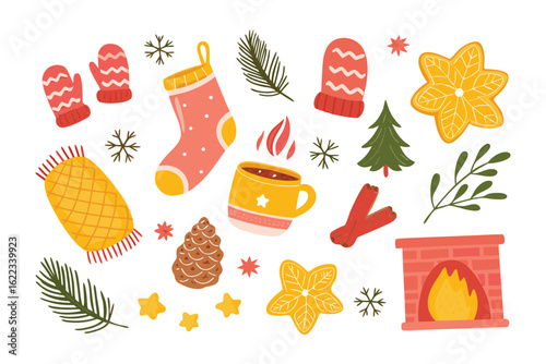Festive Assortment of Holiday Items: A curated collection of Christmas and holiday items, including warm mittens, holiday stocking, cozy blanket, winter tree, cinnamon sticks.