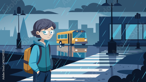 A young Asian boy stands under the rain, wearing an orange hoodie and backpack, reflecting city life in a moody atmosphere.