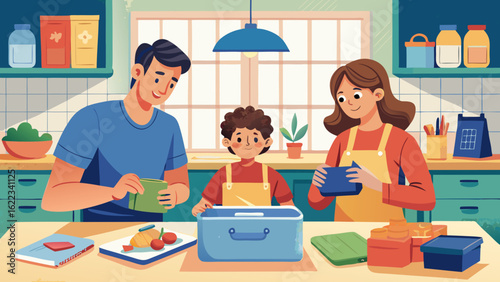 A cheerful Caucasian family enjoying lunchtime prep in a cozy kitchen.