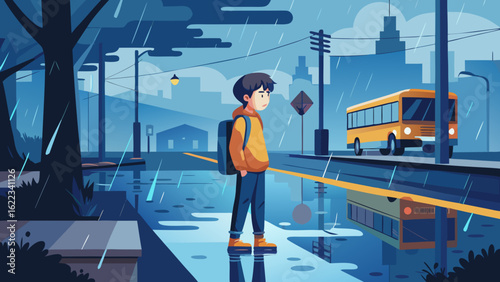 A young boy with glasses in a blue hoodie stands by a crosswalk on a rainy day, waiting for the bus.