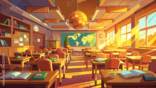 Bright and inviting classroom interior with wooden desks and warm sunlight streaming through windows.