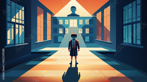 A young Asian boy stands confidently in a school courtyard under dramatic lighting.