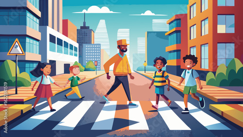 A joyful Black man guides children across a crosswalk in a vibrant city scene, showcasing community and inclusiveness.