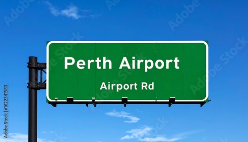 Green road sign against a blue sky, indicating direction to an airport via a specific road