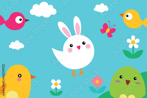 whimsical springtime wallpaper with cute cartoon b.eps